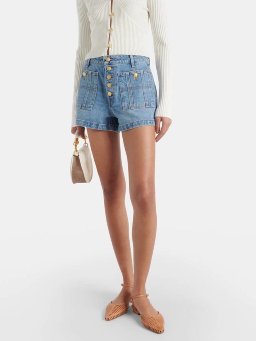 Ulla Johnson Light Blue Denim High-Rise Button Shorts with Gold Buttons Size 25